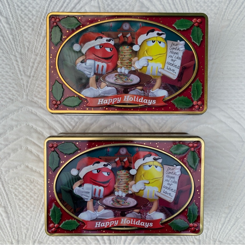 Vintage Lot M&Ms Xmas Christmas Cookie Candy Rectangular Tin Box Canister Contnr
